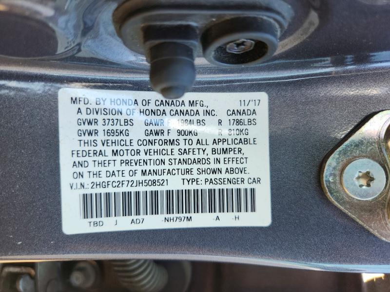 68694196 :رقم المزاد ، 2HGFC2F72JH508521 vin ، 2018 Honda Civic مزاد بيع