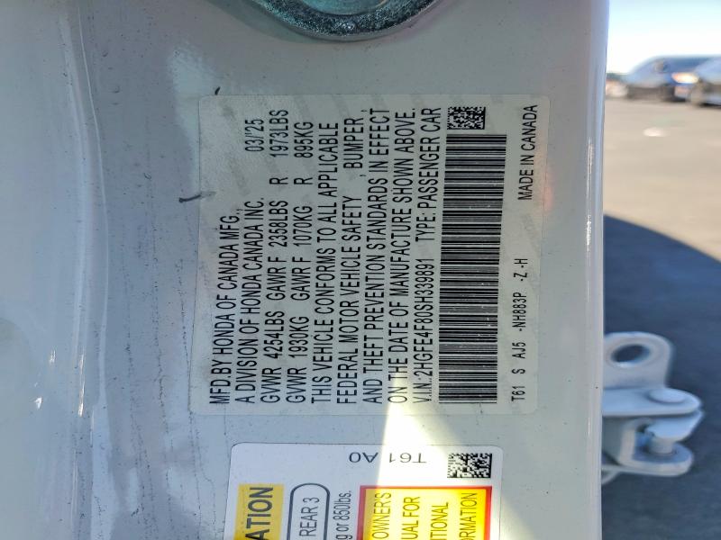 Продажа на аукционе авто 2025 Honda Civic, vin: 2HGFE4F80SH339891, номер лота: 68882376
