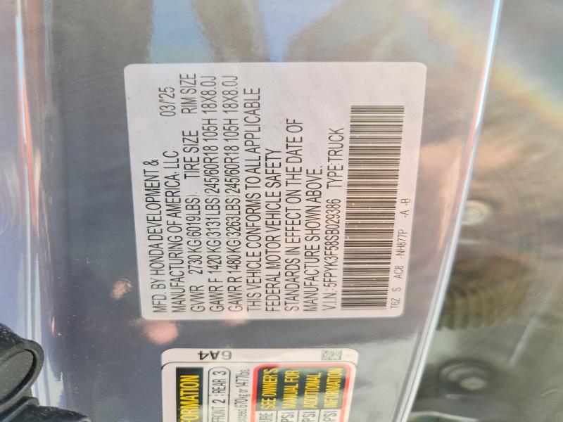 67672376 :رقم المزاد ، 5FPYK3F58SB029386 vin ، 2025 Honda Ridgeline مزاد بيع