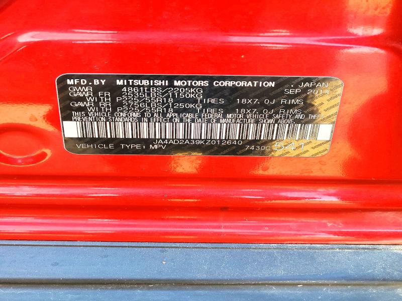 2019 Mitsubishi Outlander მანქანა იყიდება აუქციონზე, vin: JA4AD2A39KZ012640, აუქციონის ნომერი: 70750536