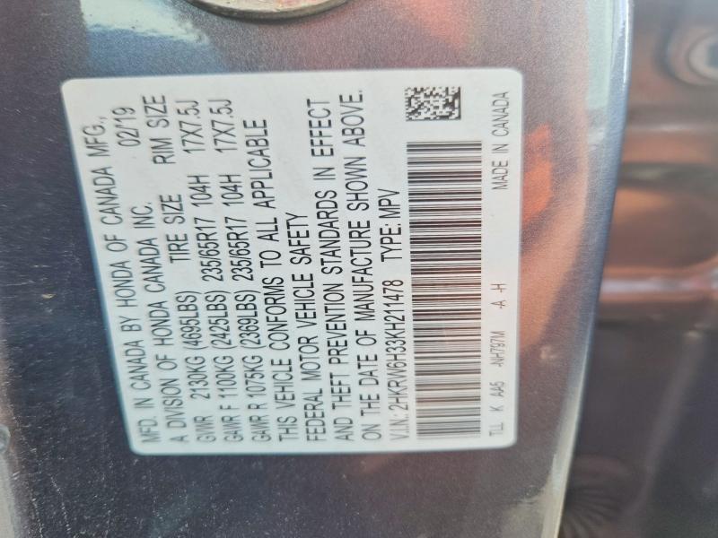 68578696 :رقم المزاد ، 2HKRW6H33KH211478 vin ، 2019 Honda Cr-v مزاد بيع