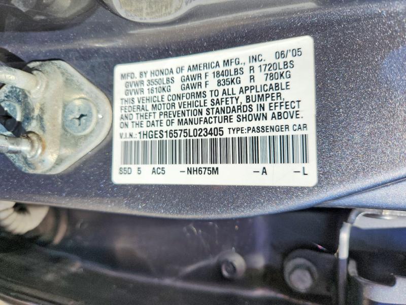 Продаж на аукціоні авто 2005 Honda Civic, vin: 1HGES16575L023405, номер лоту: 69580396