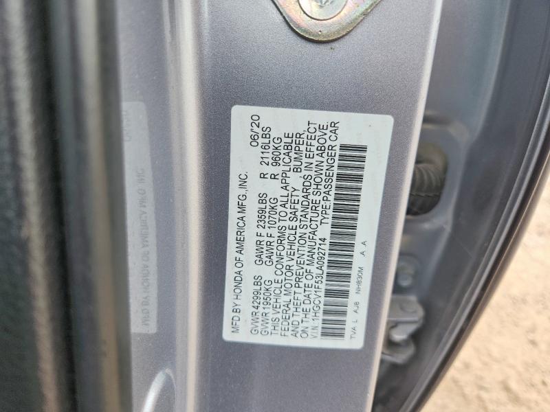 67040786 :رقم المزاد ، 1HGCV1F53LA092714 vin ، 2020 Honda Accord مزاد بيع