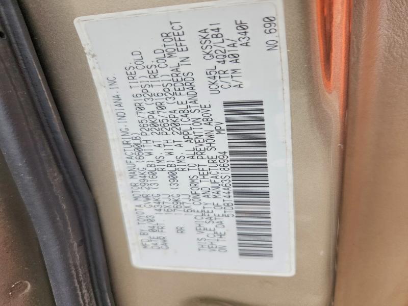 70658266 :رقم المزاد ، 5TDBT44A63S186994 vin ، 2003 Toyota Sequoia مزاد بيع