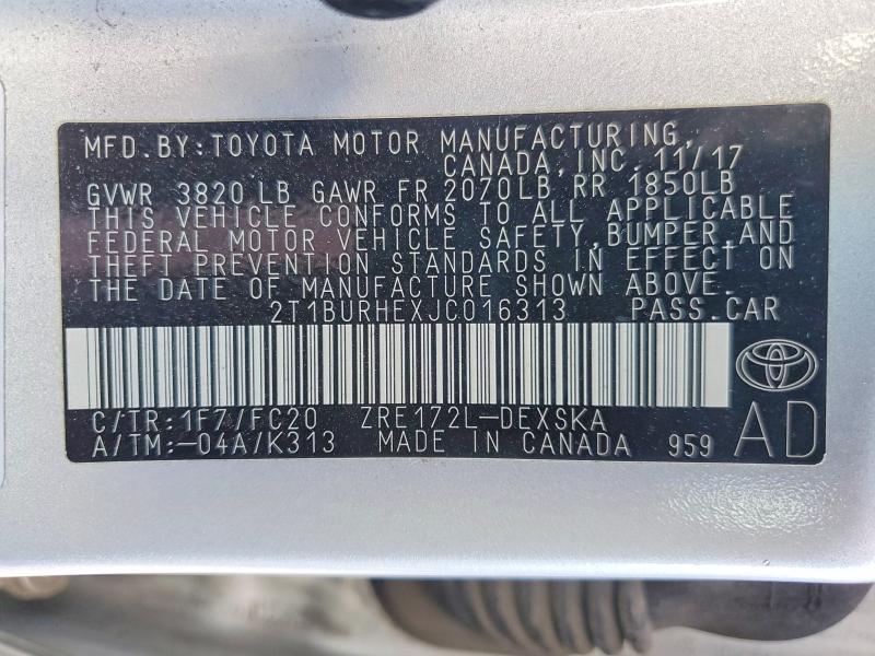 Aukcja sprzedaży 2018 Toyota Corolla, vin: 2T1BURHEXJC016313, numer aukcji: 67405436