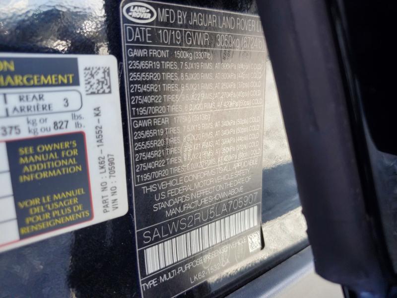 2020 Land Rover Range Rover Sport მანქანა იყიდება აუქციონზე, vin: SALWS2RU5LA705907, აუქციონის ნომერი: 67258676