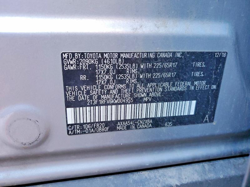 Aukcja sprzedaży 2019 Toyota Rav4, vin: 2T3F1RFV6KW004955, numer aukcji: 67796276