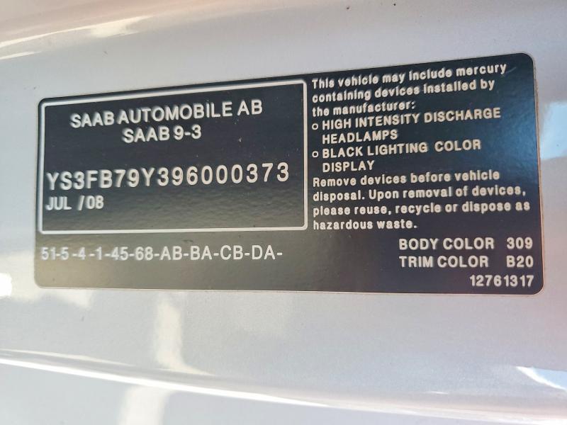 Продажа на аукционе авто 2009 Saab 9-3, vin: YS3FB79Y396000373, номер лота: 67851446
