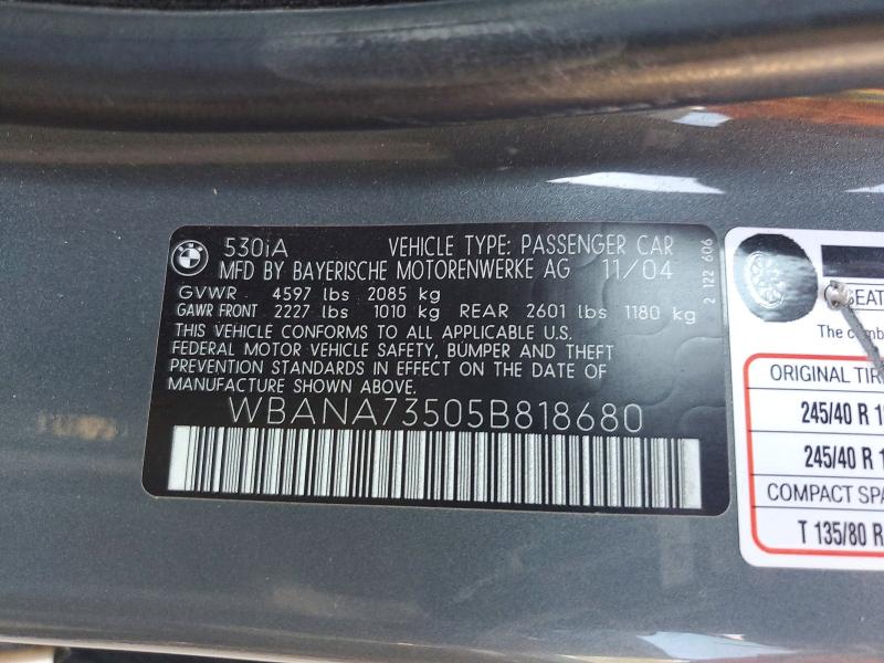 69687036 :رقم المزاد ، WBANA73505B818680 vin ، 2005 Bmw 530 مزاد بيع
