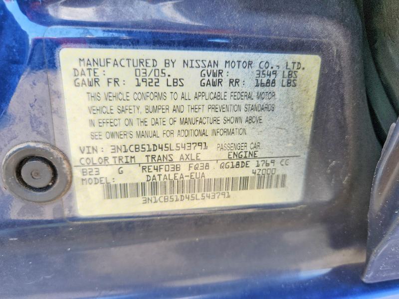 Aukcja sprzedaży 2005 Nissan Sentra, vin: 3N1CB51D45L543791, numer aukcji: 68959606