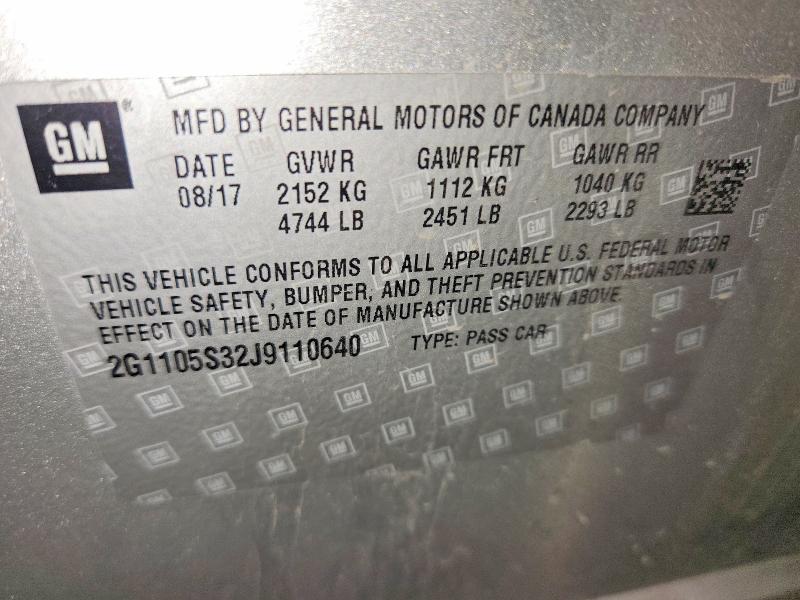 67209106 :رقم المزاد ، 2G1105S32J9110640 vin ، 2018 Chevrolet Impala مزاد بيع