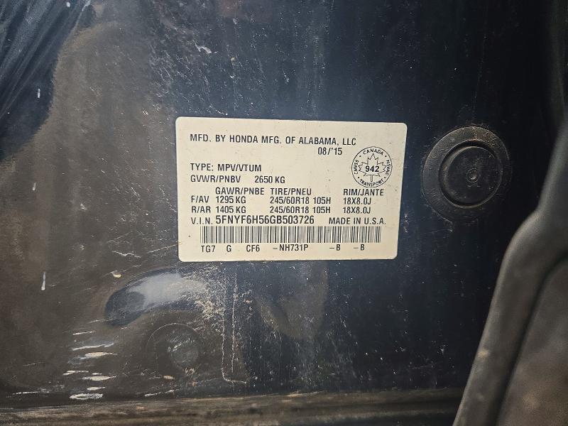 Aukcja sprzedaży 2016 Honda Pilot, vin: 5FNYF6H56GB503726, numer aukcji: 69325526