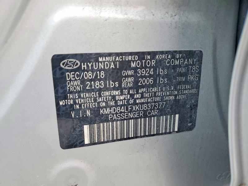 70475736 :رقم المزاد ، KMHD84LFXKU837377 vin ، 2019 Hyundai Elantra مزاد بيع