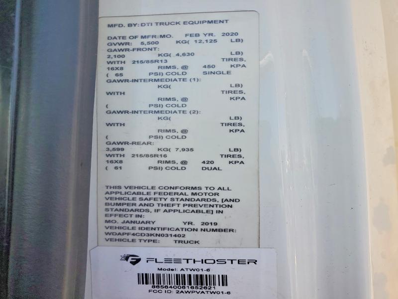 2019 Mercedes-benz Sprinter მანქანა იყიდება აუქციონზე, vin: WDAPF4CD3KN031402, აუქციონის ნომერი: 67929316