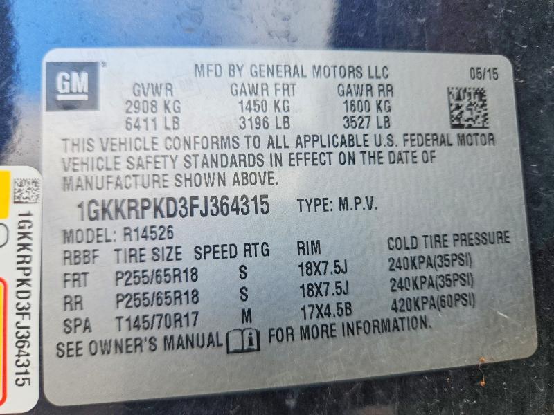 Aukcja sprzedaży 2015 Gmc Acadia, vin: 1GKKRPKD3FJ364315, numer aukcji: 70024826