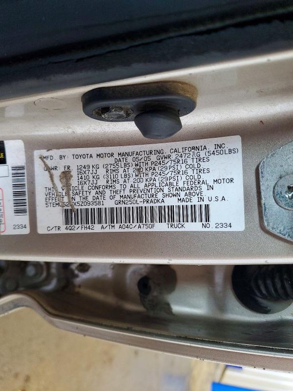68523486 :رقم المزاد ، 5TEMU52NX5Z093581 vin ، 2005 Toyota Tacoma مزاد بيع