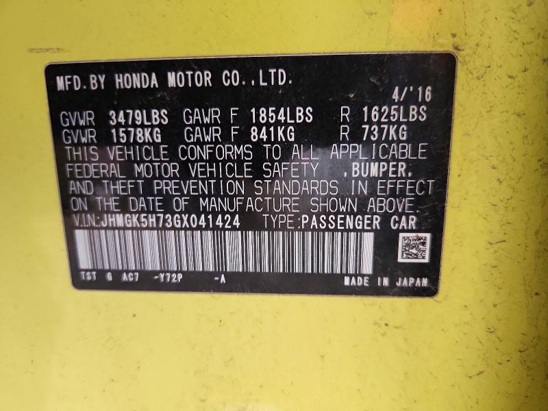 69898406 :رقم المزاد ، JHMGK5H73GX041424 vin ، 2016 Honda Fit مزاد بيع