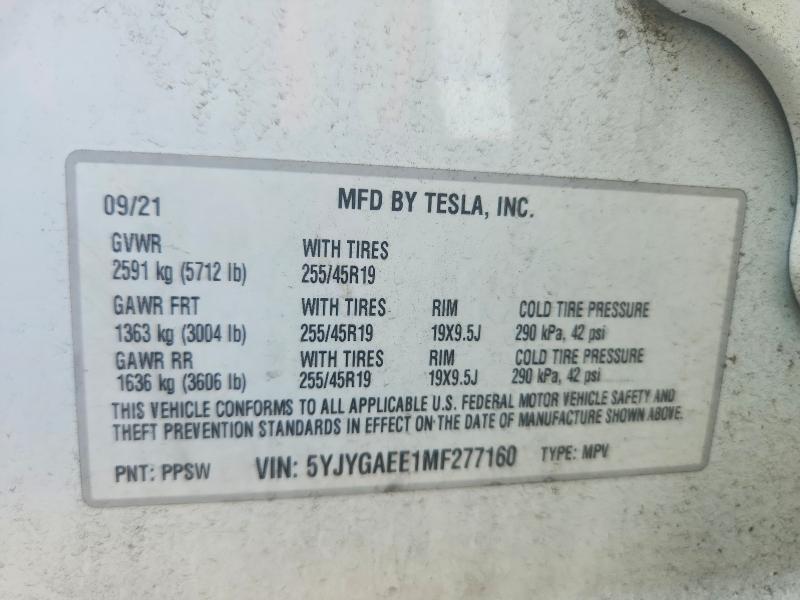 Aukcja sprzedaży 2021 Tesla Model  Y, vin: 5YJYGAEE1MF277160, numer aukcji: 67910406