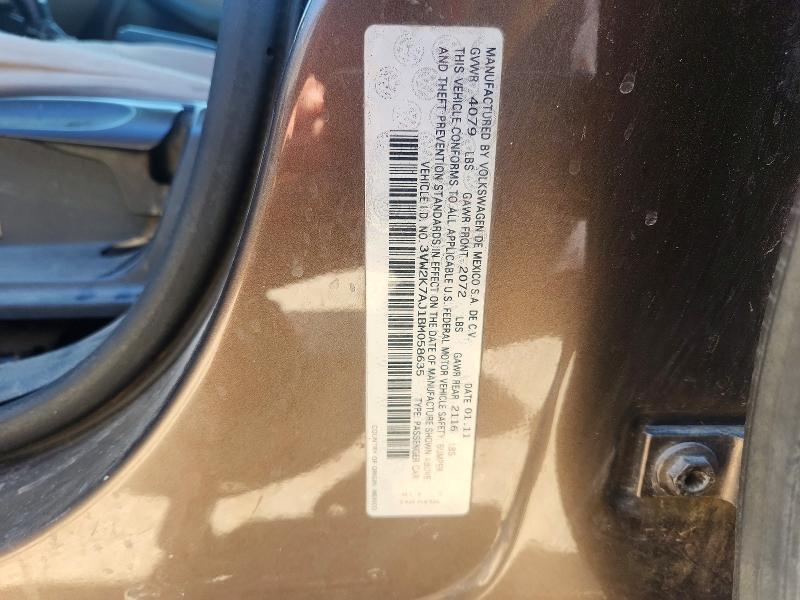 2011 Volkswagen Jetta მანქანა იყიდება აუქციონზე, vin: 3VW2K7AJ1BM058635, აუქციონის ნომერი: 68192976