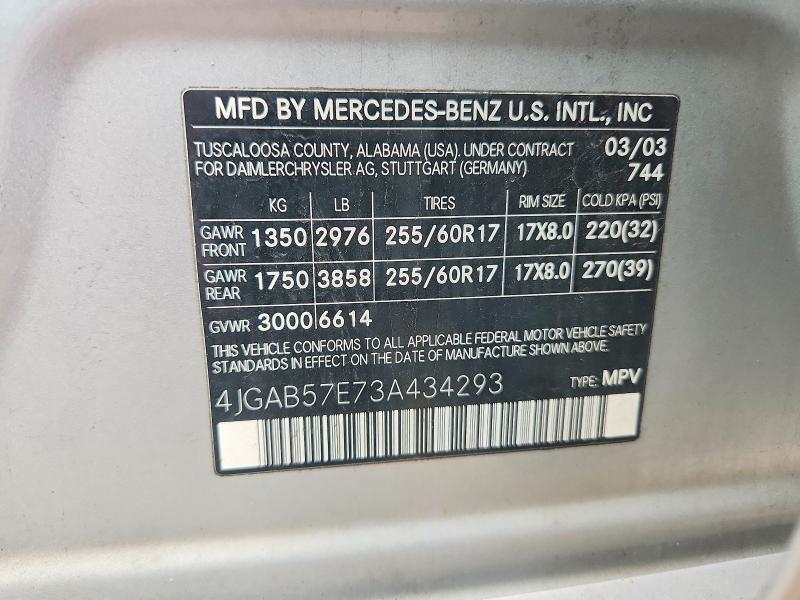 Aukcja sprzedaży 2003 Mercedes-benz Ml, vin: 4JGAB57E73A434293, numer aukcji: 70193796