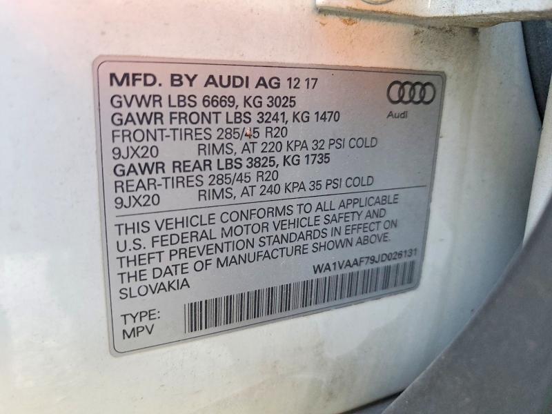 Продаж на аукціоні авто 2018 Audi Q7, vin: WA1VAAF79JD026131, номер лоту: 69061286