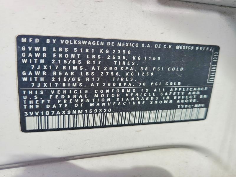 Продаж на аукціоні авто 2022 Volkswagen Tiguan, vin: 3VV1B7AX9NM159320, номер лоту: 64221596