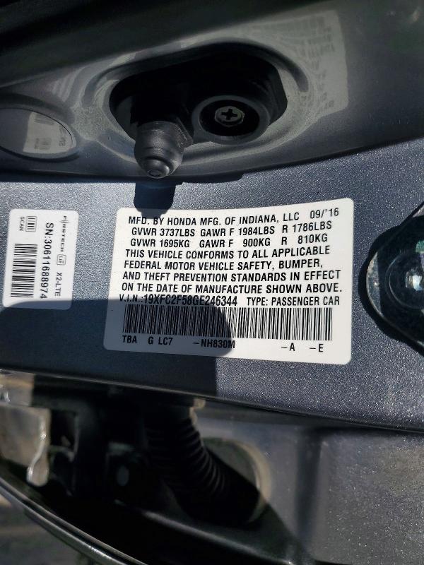 Продажа на аукционе авто 2016 Honda Civic, vin: 19XFC2F58GE246344, номер лота: 69501776