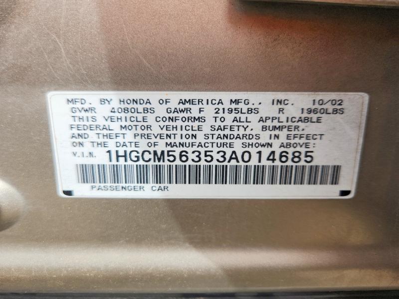 Продаж на аукціоні авто 2003 Honda Accord, vin: 1HGCM56353A014685, номер лоту: 66823776
