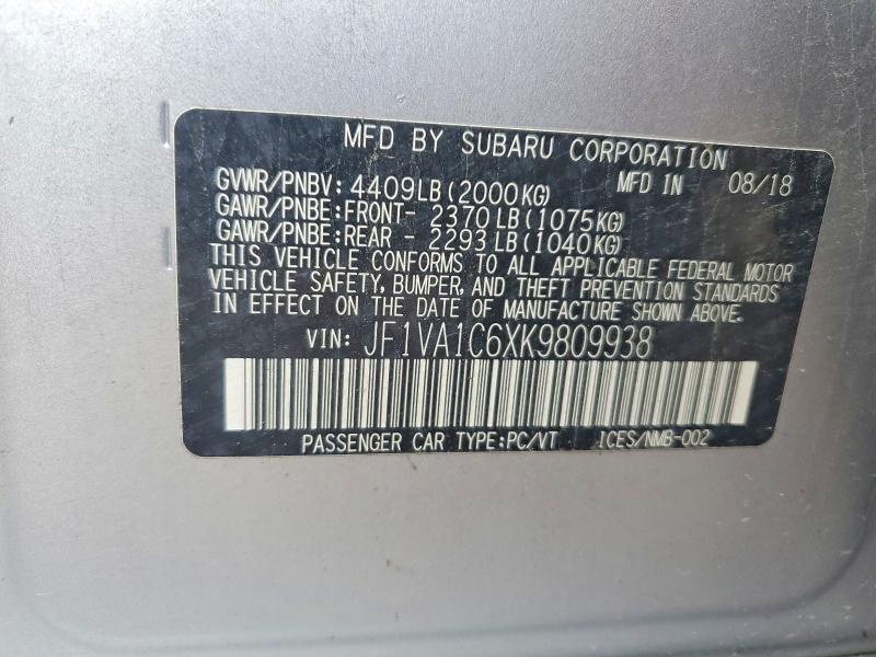 Aukcja sprzedaży 2019 Subaru Wrx, vin: JF1VA1C6XK9809938, numer aukcji: 69652576