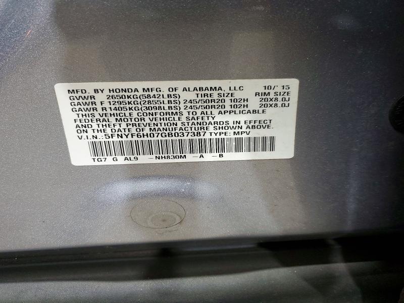 Продаж на аукціоні авто 2016 Honda Pilot, vin: 5FNYF6H07GB037387, номер лоту: 69809816