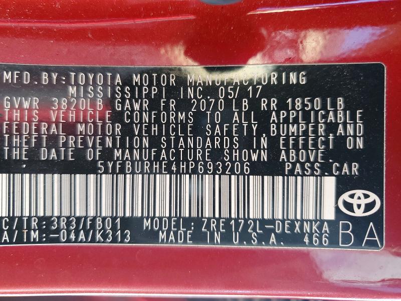 2017 Toyota Corolla მანქანა იყიდება აუქციონზე, vin: 5YFBURHE4HP693206, აუქციონის ნომერი: 69719546