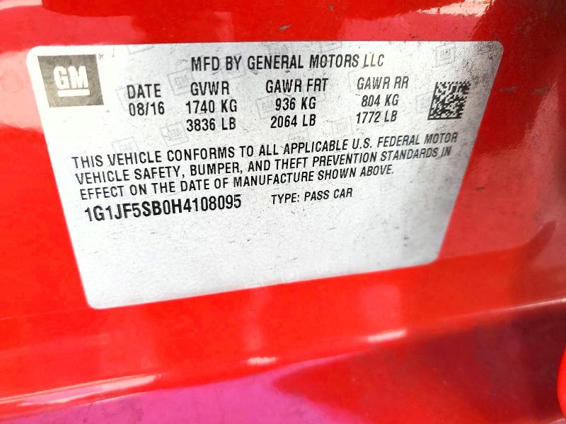 2017 Chevrolet Sonic მანქანა იყიდება აუქციონზე, vin: 1G1JF5SB0H4108095, აუქციონის ნომერი: 67730606