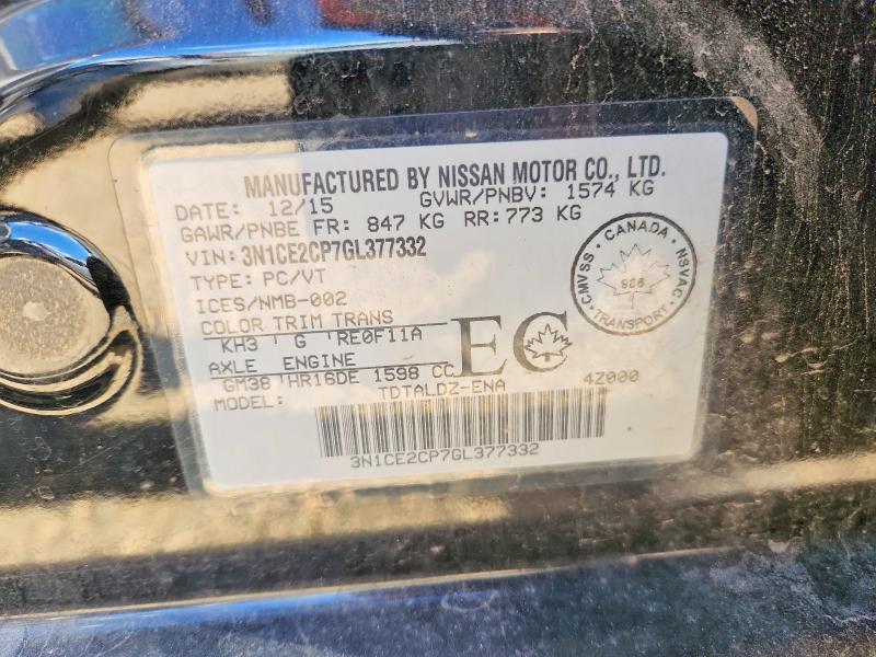 2016 Nissan Versa Note მანქანა იყიდება აუქციონზე, vin: 3N1CE2CP7GL377332, აუქციონის ნომერი: 69995646