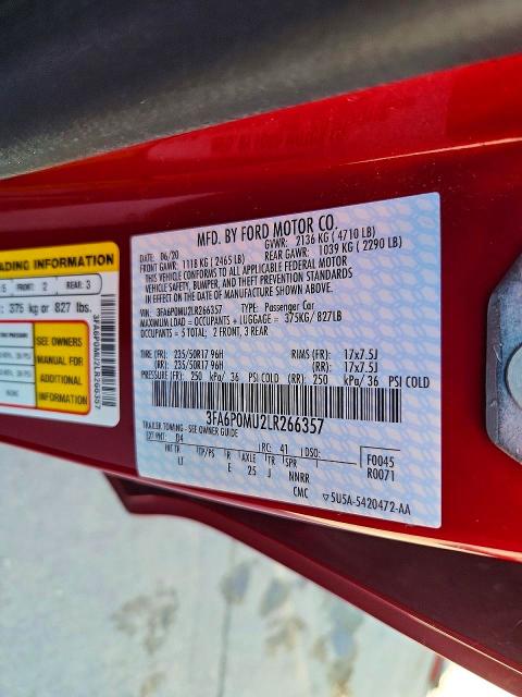 Продажа на аукционе авто 2020 Ford Fusion, vin: 3FA6P0MU2LR266357, номер лота: 68125936