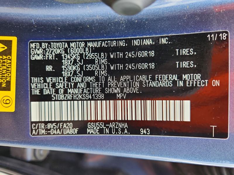 Aukcja sprzedaży 2019 Toyota Highlander, vin: 5TDBZRFH2KS941398, numer aukcji: 69963916