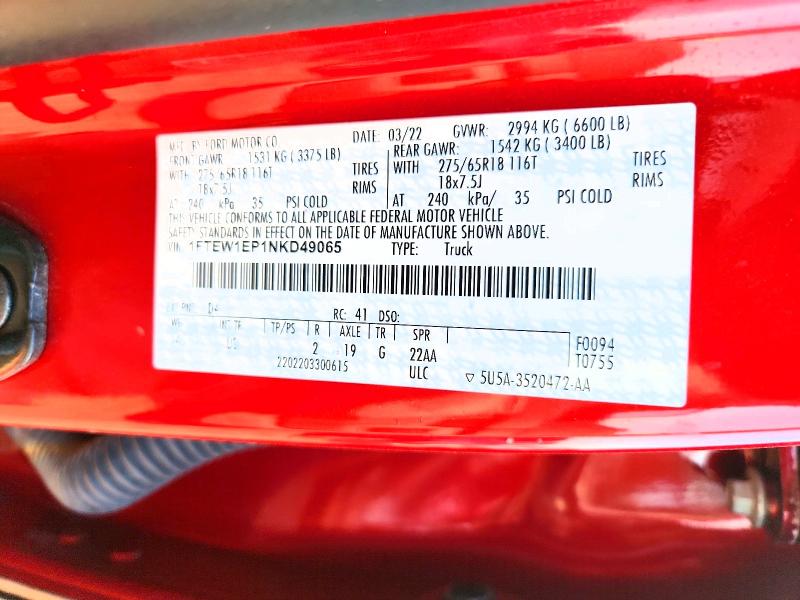 Продажа на аукционе авто 2022 Ford F150, vin: 1FTEW1EP1NKD49065, номер лота: 67608946
