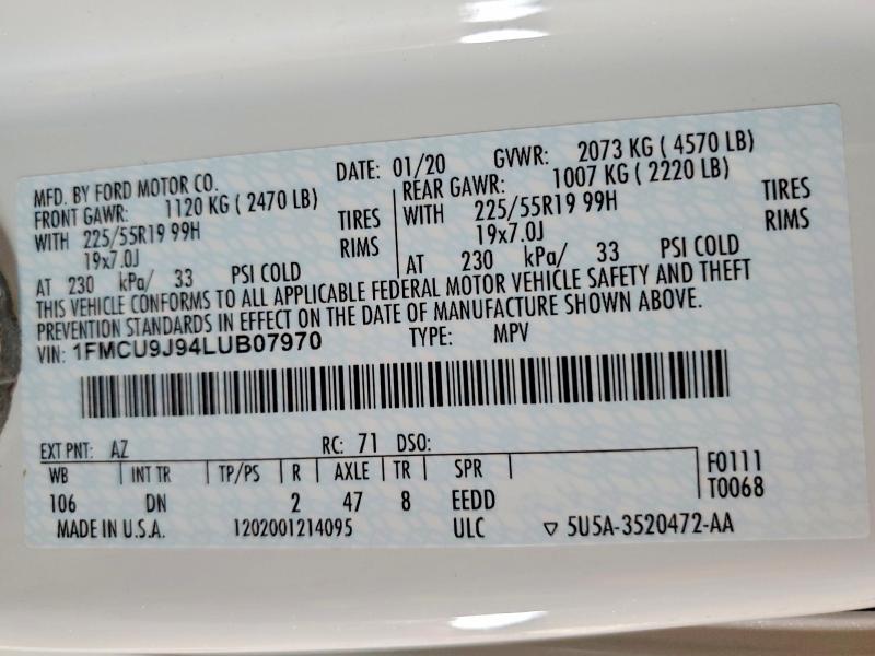 Aukcja sprzedaży 2020 Ford Escape, vin: 1FMCU9J94LUB07970, numer aukcji: 69449946