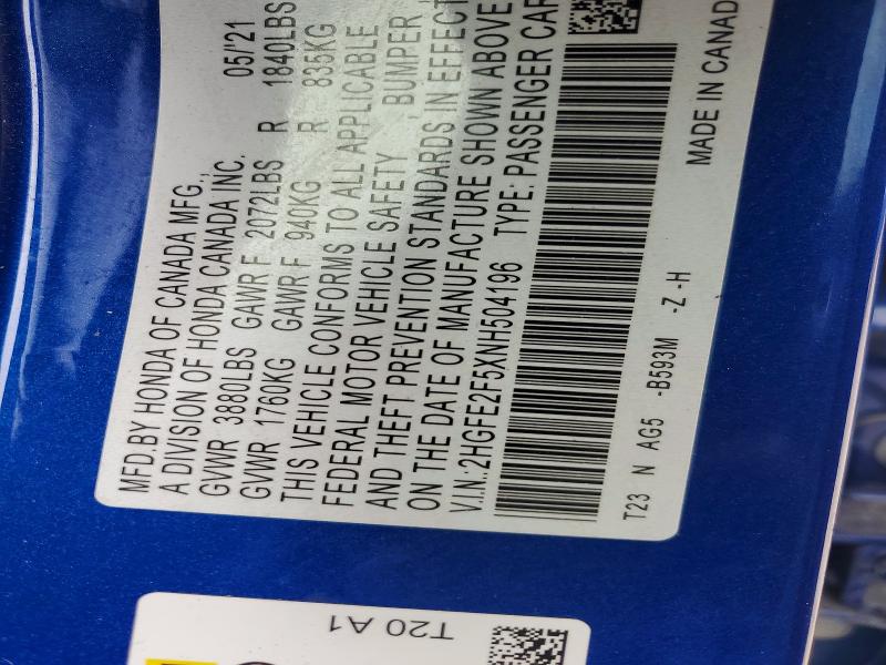 Продажа на аукционе авто 2022 Honda Civic, vin: 2HGFE2F5XNH504196, номер лота: 69784246
