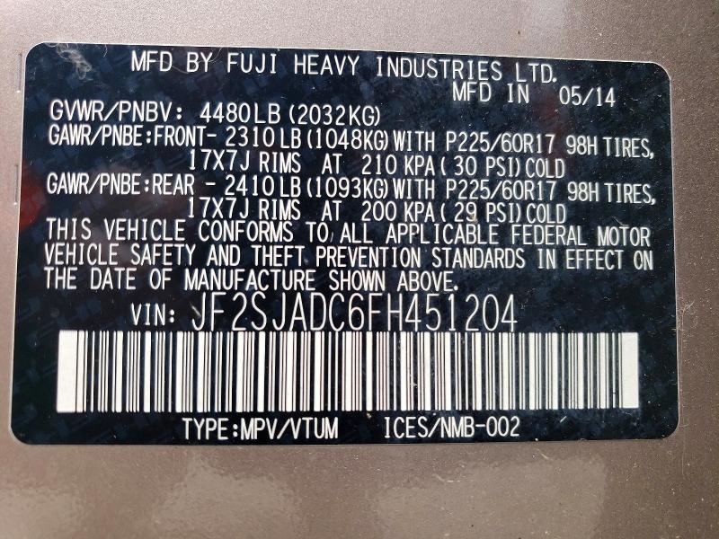 2015 Subaru Forester მანქანა იყიდება აუქციონზე, vin: JF2SJADC6FH451204, აუქციონის ნომერი: 70100156