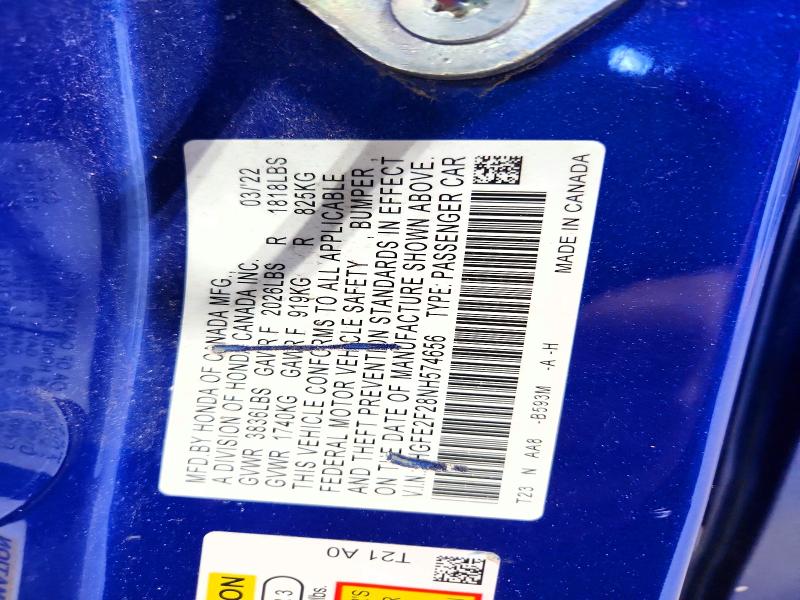 2022 Honda Civic მანქანა იყიდება აუქციონზე, vin: 2HGFE2F28NH574656, აუქციონის ნომერი: 68573946