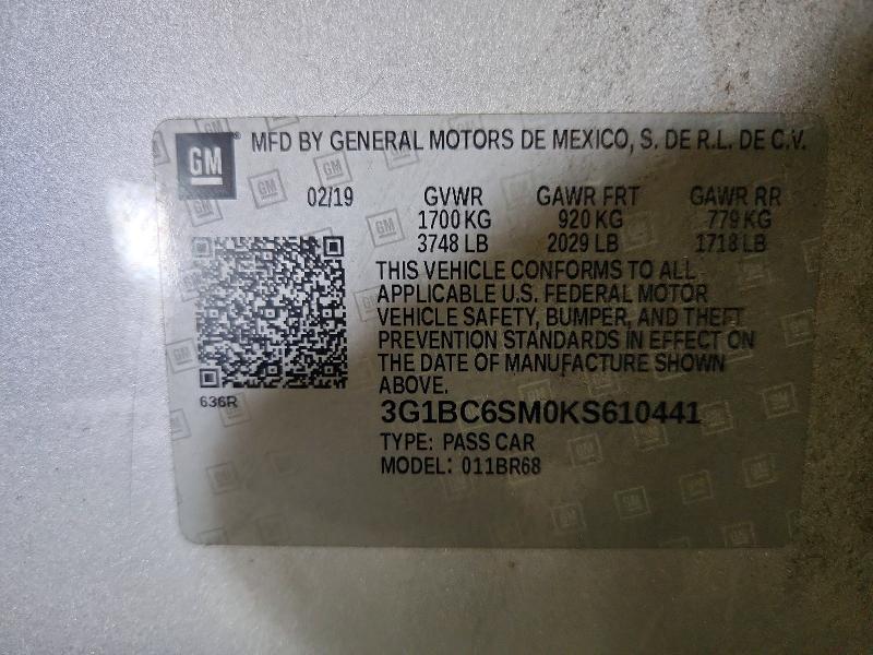 2019 Chevrolet Cruze მანქანა იყიდება აუქციონზე, vin: 3G1BC6SM0KS610441, აუქციონის ნომერი: 69915726