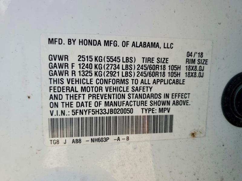 Продаж на аукціоні авто 2018 Honda Pilot, vin: 5FNYF5H33JB020050, номер лоту: 67354586