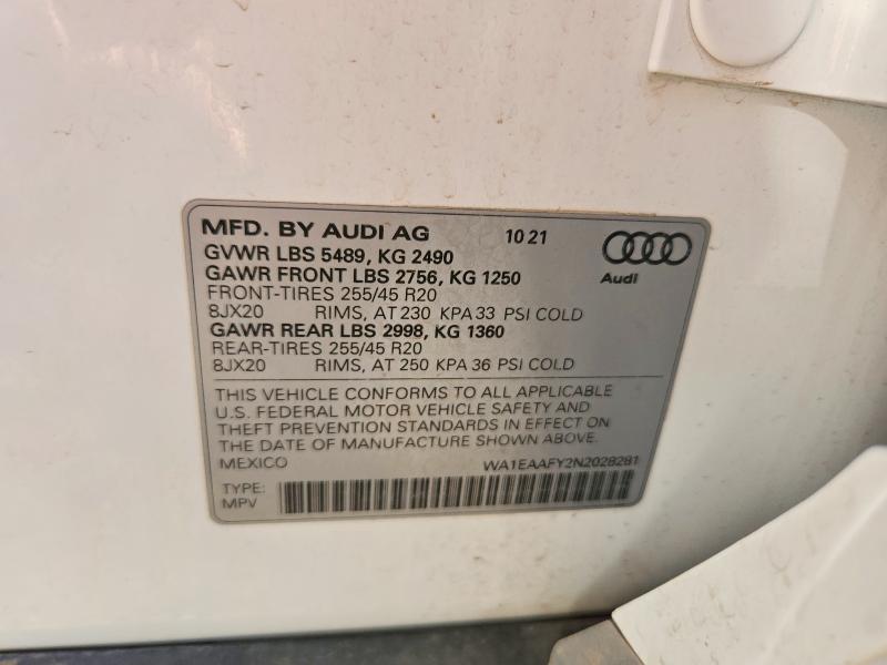 67985606 :رقم المزاد ، WA1EAAFY2N2028281 vin ، 2022 Audi Q5 مزاد بيع