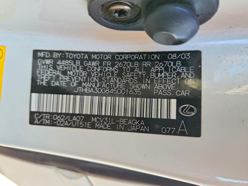 Aukcja sprzedaży 2004 Lexus Es, vin: JTHBA30G845001635, numer aukcji: 69630766