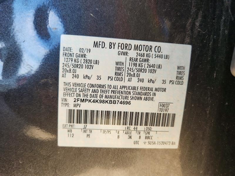 2019 Ford Edge მანქანა იყიდება აუქციონზე, vin: 2FMPK4K98KBB74696, აუქციონის ნომერი: 68399066