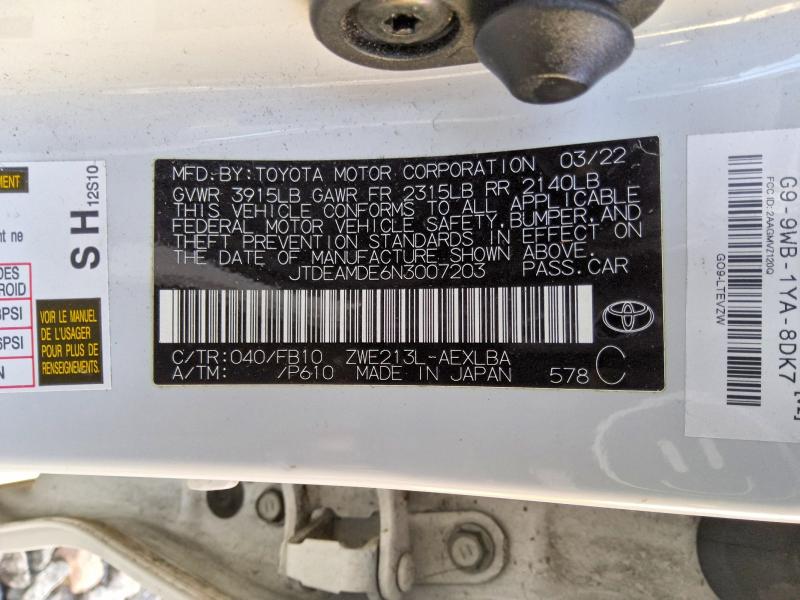 Aukcja sprzedaży 2022 Toyota Corolla, vin: JTDEAMDE6N3007203, numer aukcji: 70267636