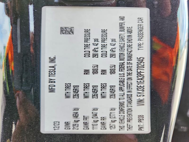 Продажа на аукционе авто 2023 Tesla Model 3, vin: 5YJ3E1EA3PF702945, номер лота: 70815116