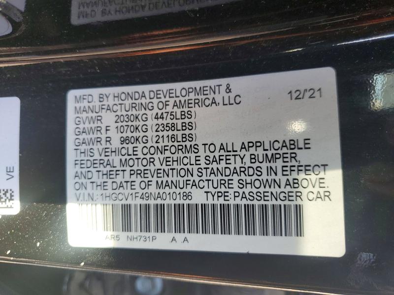 Продажа на аукционе авто 2022 Honda Accord, vin: 1HGCV1F49NA010186, номер лота: 68748196