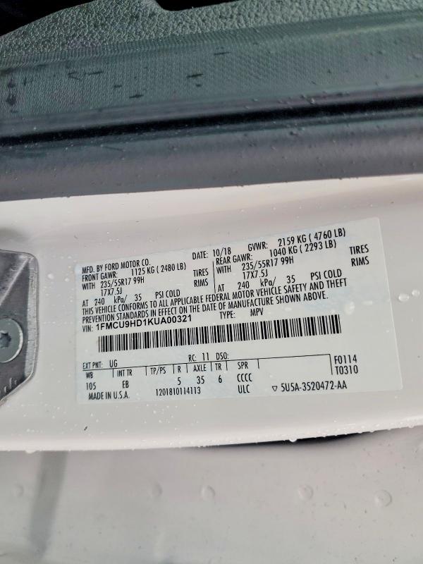 Aukcja sprzedaży 2019 Ford Escape, vin: 1FMCU9HD1KUA00321, numer aukcji: 70963976