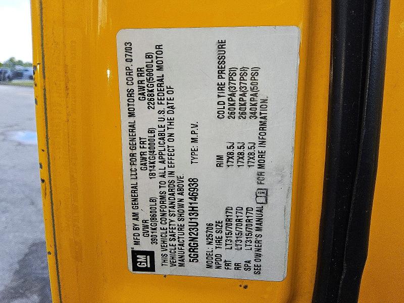 Aukcja sprzedaży 2003 Hummer H2, vin: 5GRGN23U13H146938, numer aukcji: 68972646